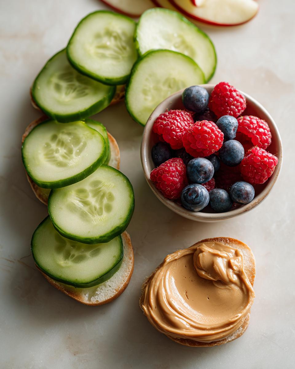 A selection of 20 Low-Calorie Snacks for Cravings: cucumber slices, berries, and peanut butter on toast.