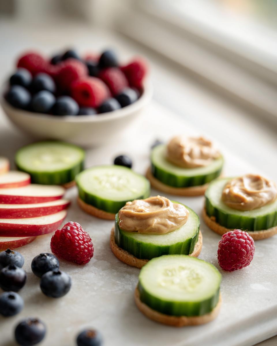 Cucumber rounds topped with peanut butter, alongside berries and apple slices. A healthy choice from 20 Low-Calorie Snacks for Cravings.