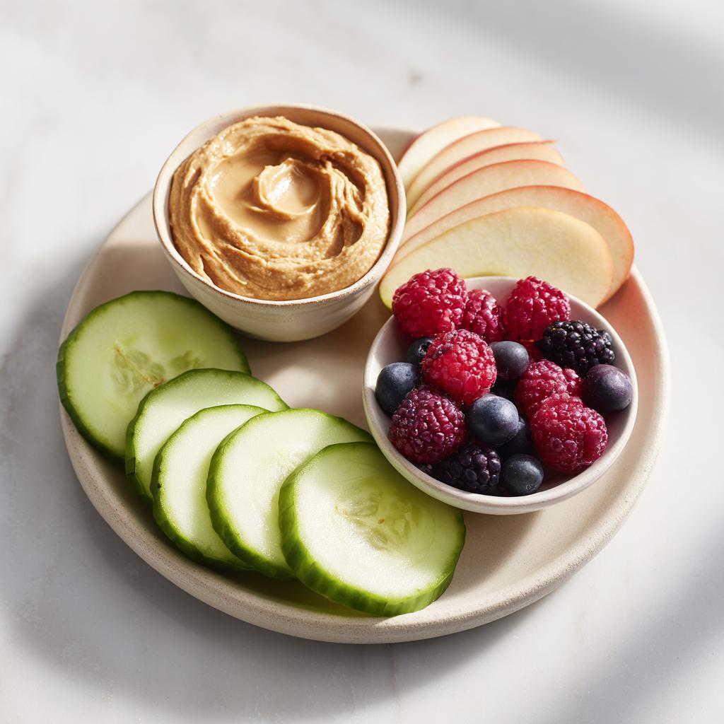 A plate of healthy 20 Low-Calorie Snacks for Cravings: peanut butter, berries, apple slices, and cucumber.