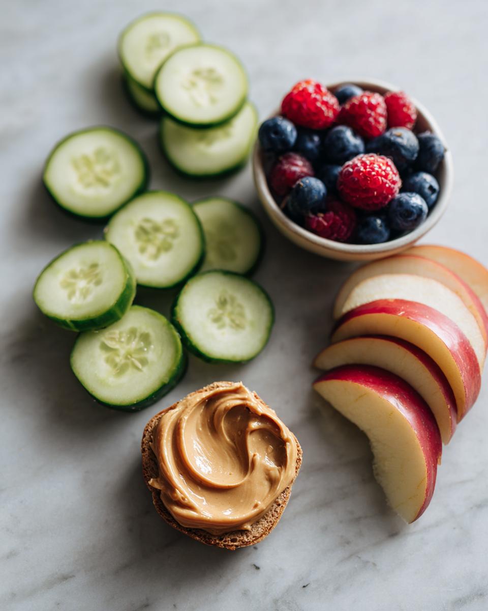 Selection of 20 Low-Calorie Snacks: peanut butter on toast, sliced cucumbers, mixed berries, and sliced apples.