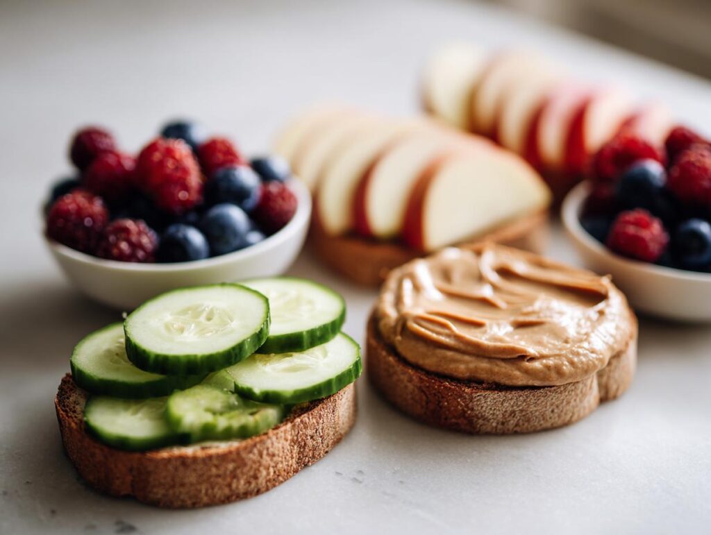Selection of 20 Low-Calorie Snacks for Cravings: toasts with cucumber, peanut butter, apple and berries.