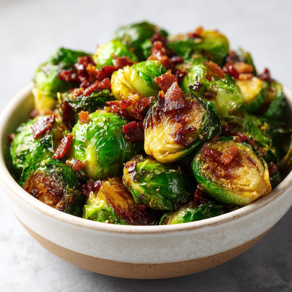 Close-up of Maple Bacon Brussels Sprouts in a bowl, showing crispy sprouts and bacon bits.