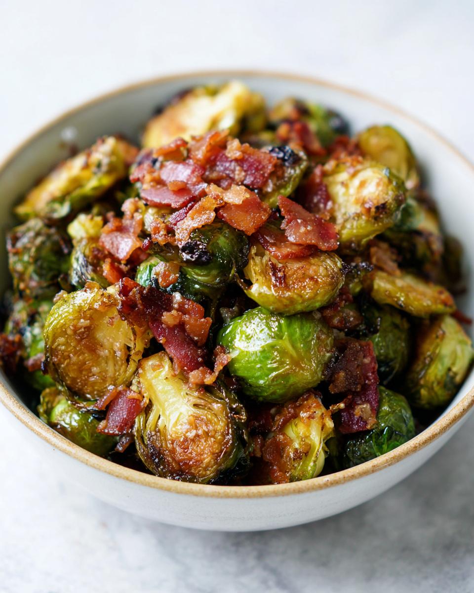 A bowl of Maple Bacon Brussels Sprouts, showing crispy roasted sprouts with bacon pieces.