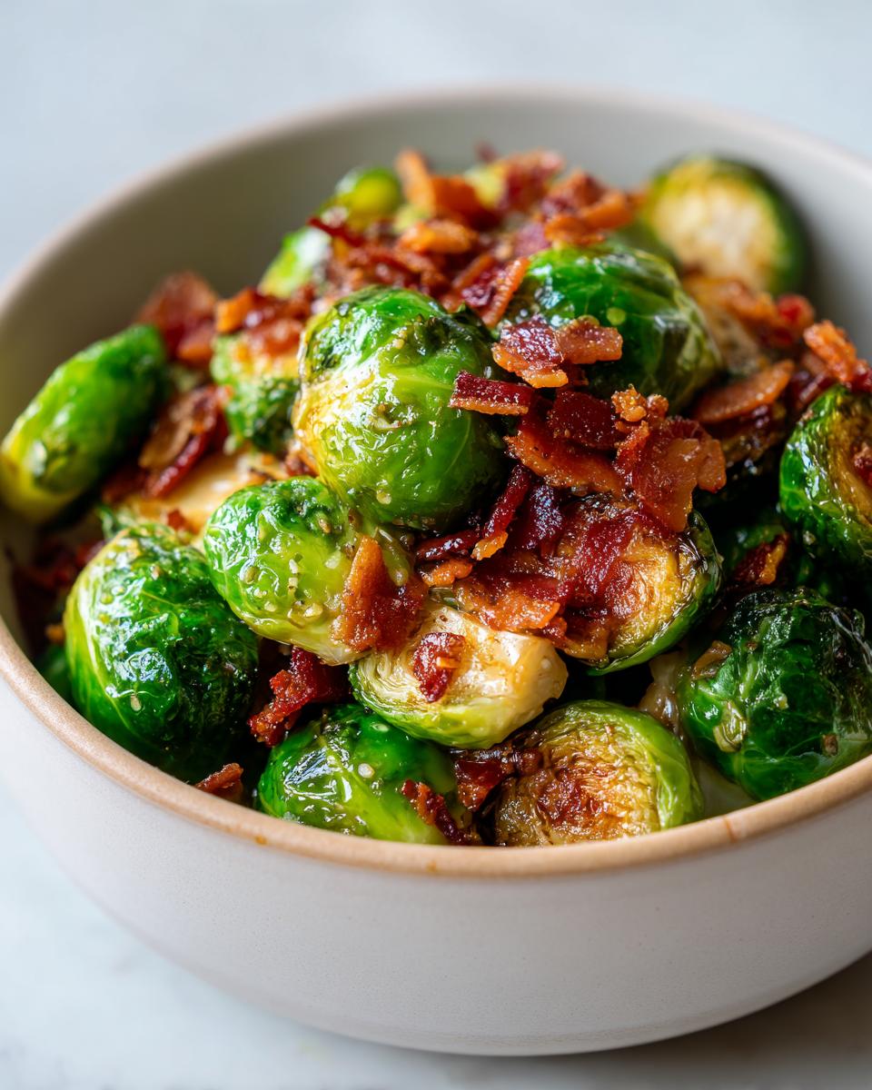 Close-up of Maple Bacon Brussels Sprouts in a bowl, showing crispy bacon and caramelized sprouts.