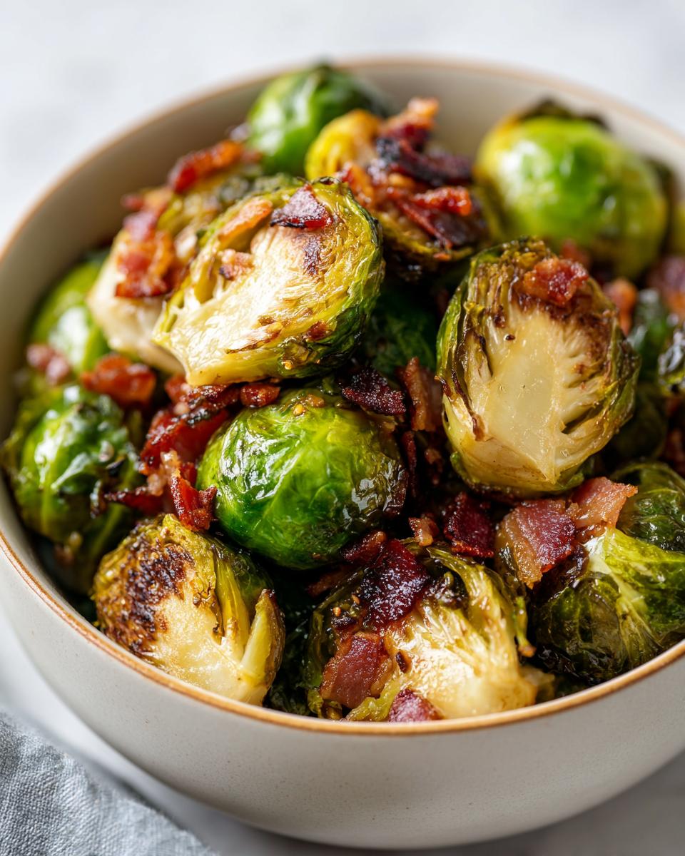 Close-up of a bowl filled with roasted Maple Bacon Brussels Sprouts, showcasing the crispy bacon and caramelized sprouts.