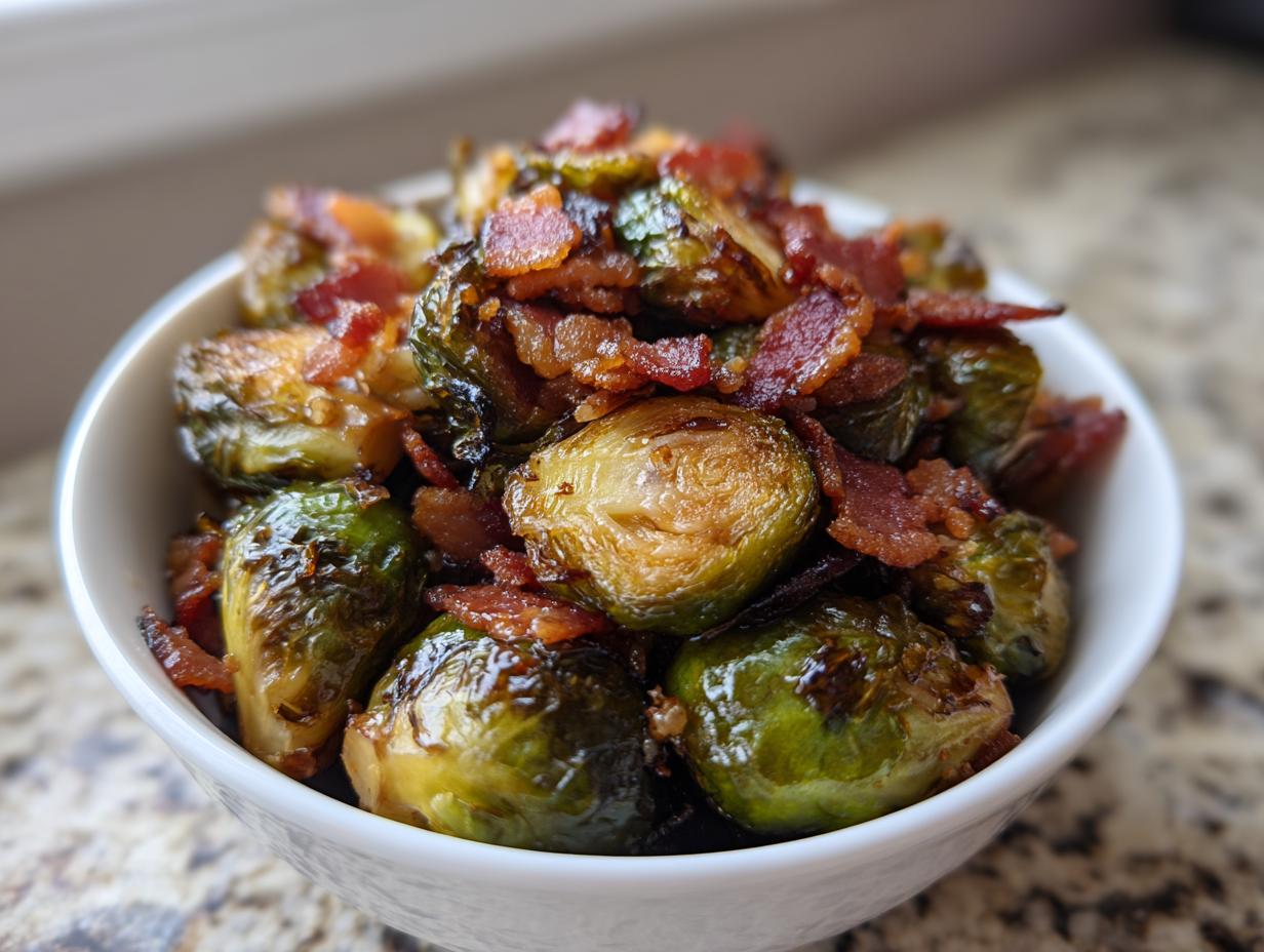 A bowl of Maple Bacon Brussels Sprouts, roasted and topped with crispy bacon pieces.