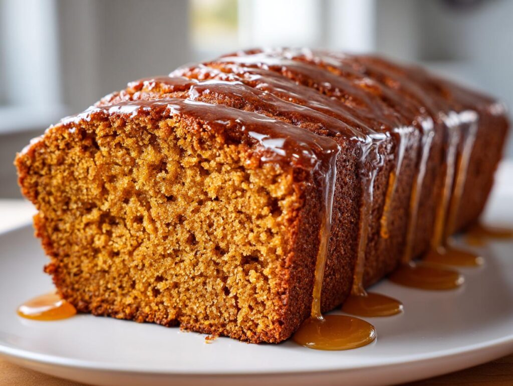 A close-up of a moist Maple Glazed Pumpkin Loaf (pumpkin bread) with rich caramel glaze dripping down the sides.