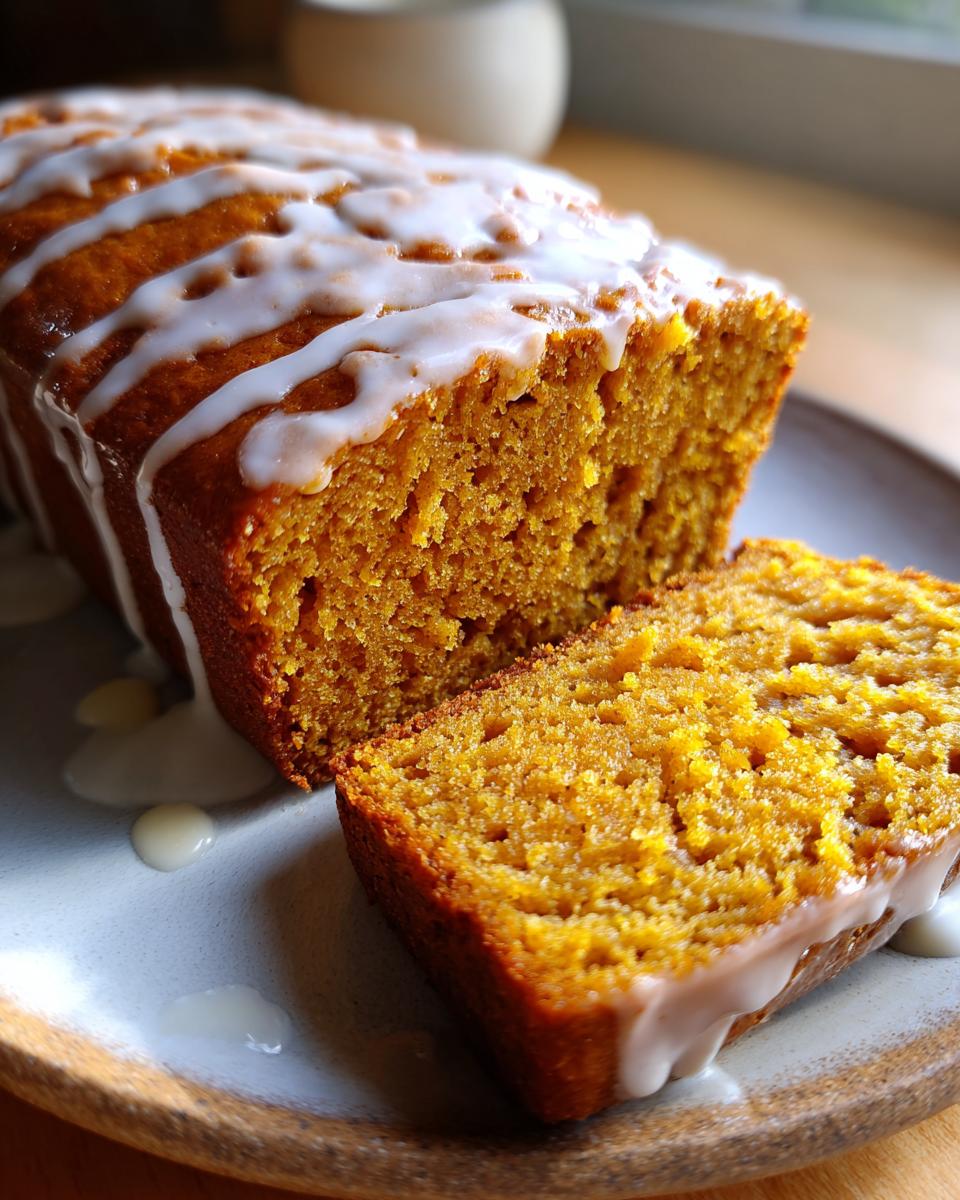 A close-up of a moist Maple Glazed Pumpkin Loaf, with one slice cut and drizzled with glaze.