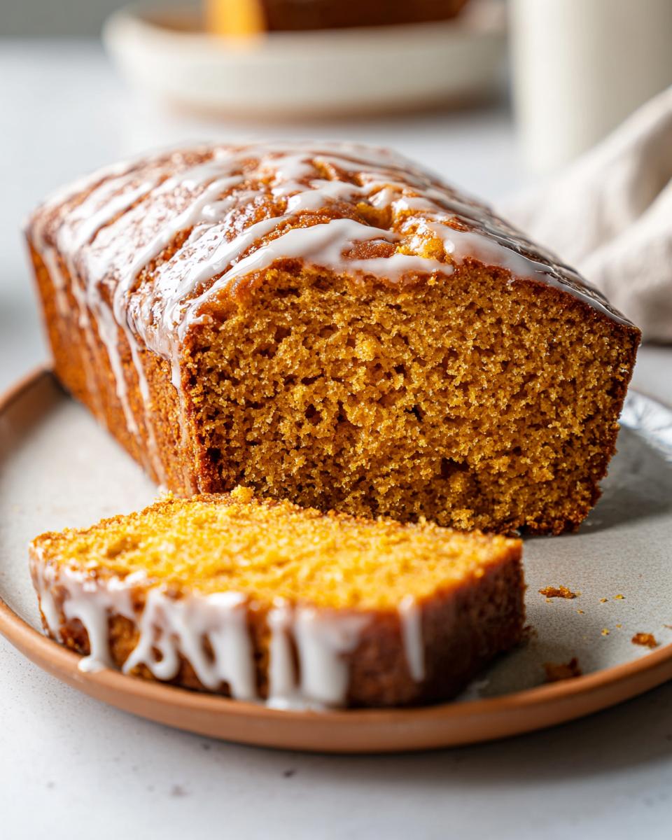 A slice of Maple Glazed Pumpkin Loaf with a drizzle of white icing on a plate.