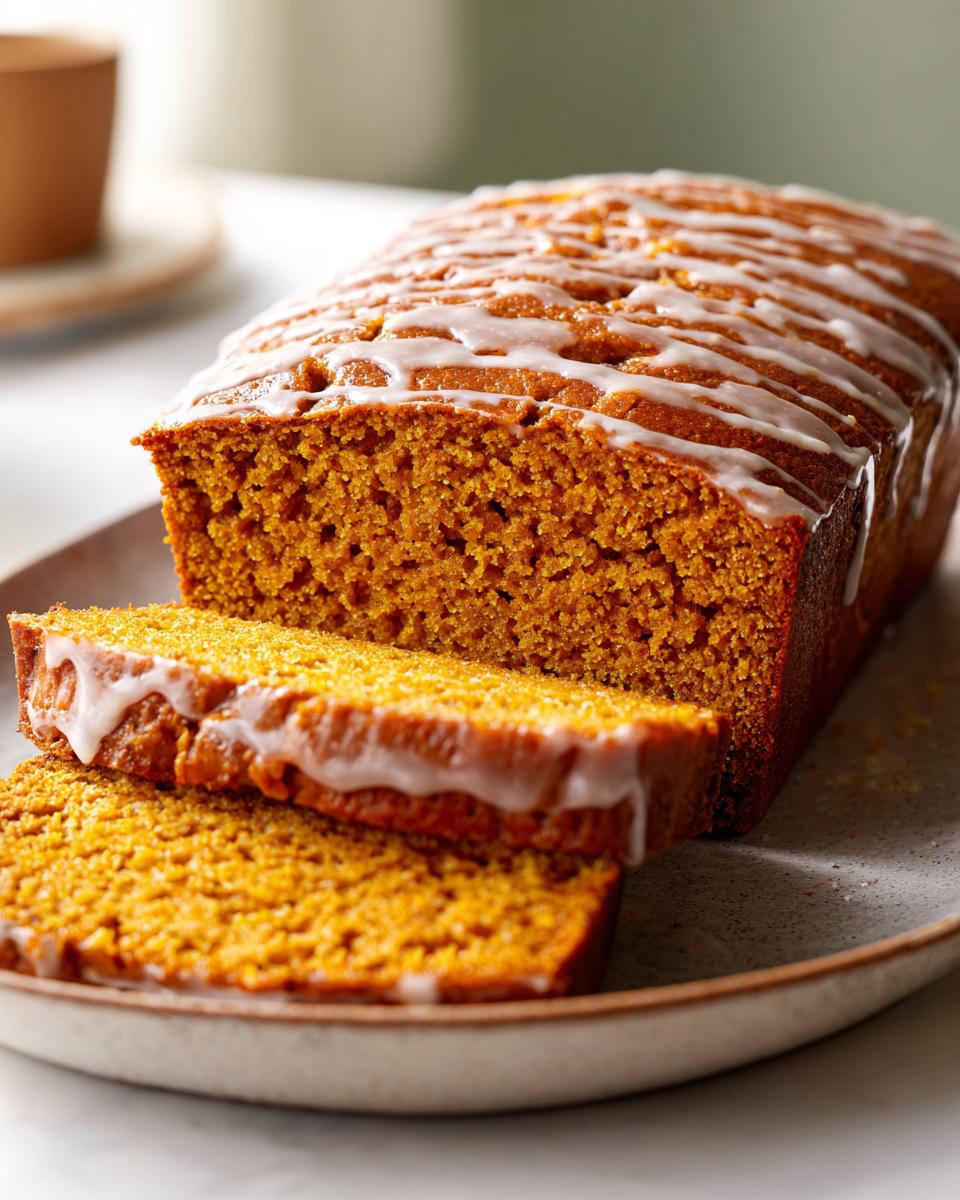 Close-up of two slices of Maple Glazed Pumpkin Loaf, showcasing its moist texture and sweet glaze.