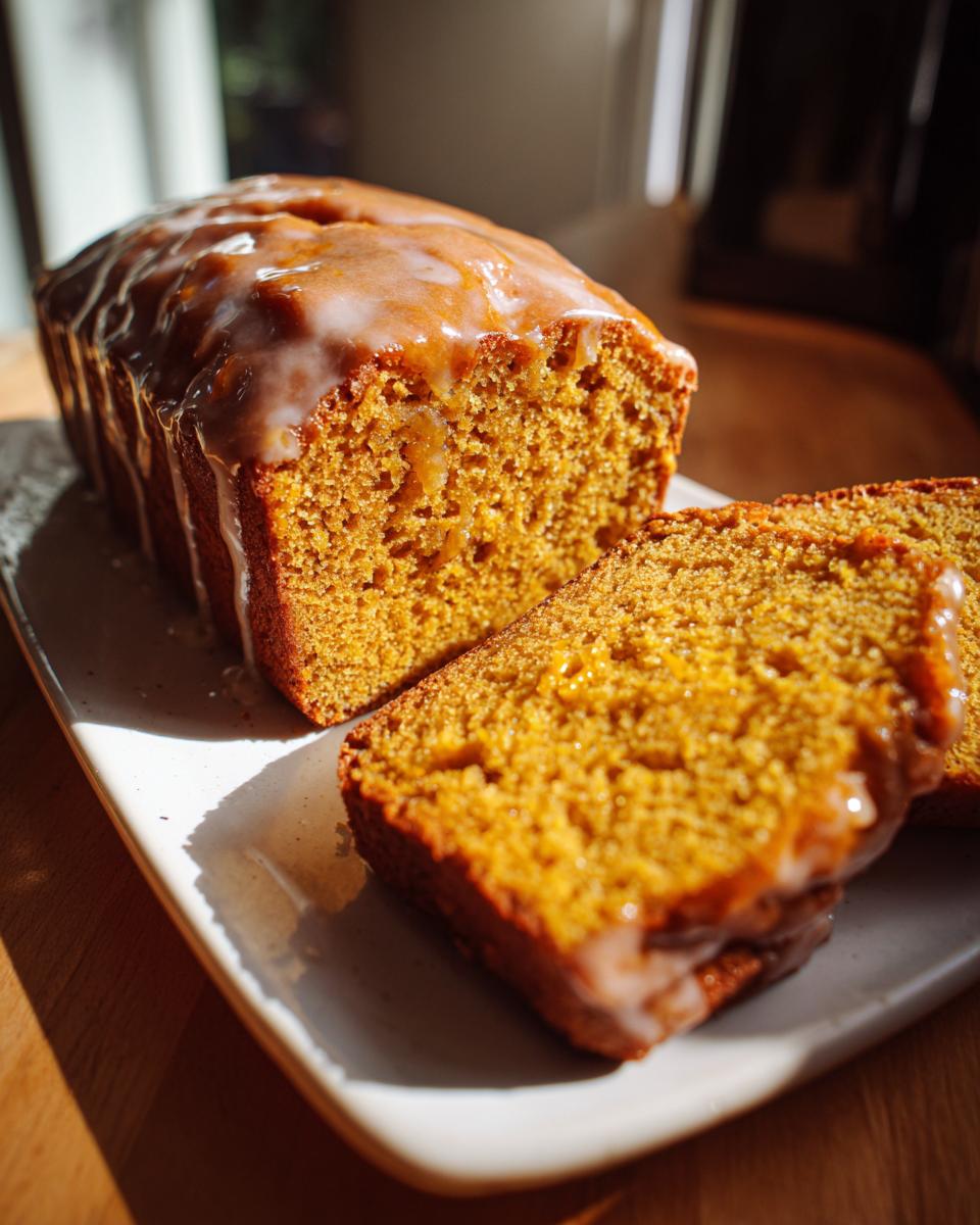 Close-up of a moist Maple Glazed Pumpkin Loaf, with two slices cut and ready to serve.