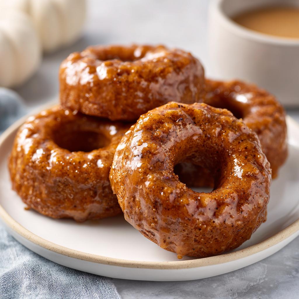 A stack of delicious Maple Glazed Pumpkin Spice Donuts on a white plate, ready to eat.