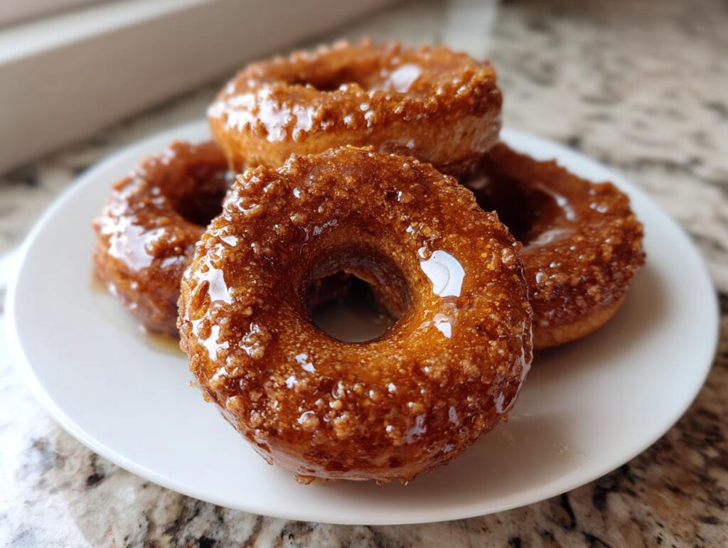 A stack of delicious Maple Glazed Pumpkin Spice Donuts on a white plate, showcasing their shiny glaze.