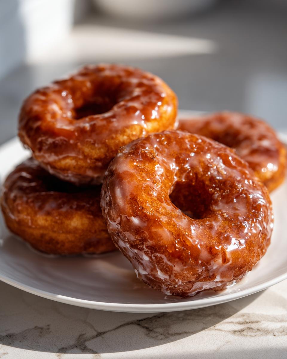 A stack of delicious Maple Glazed Pumpkin Spice Donuts, glistening with maple glaze on a white plate.