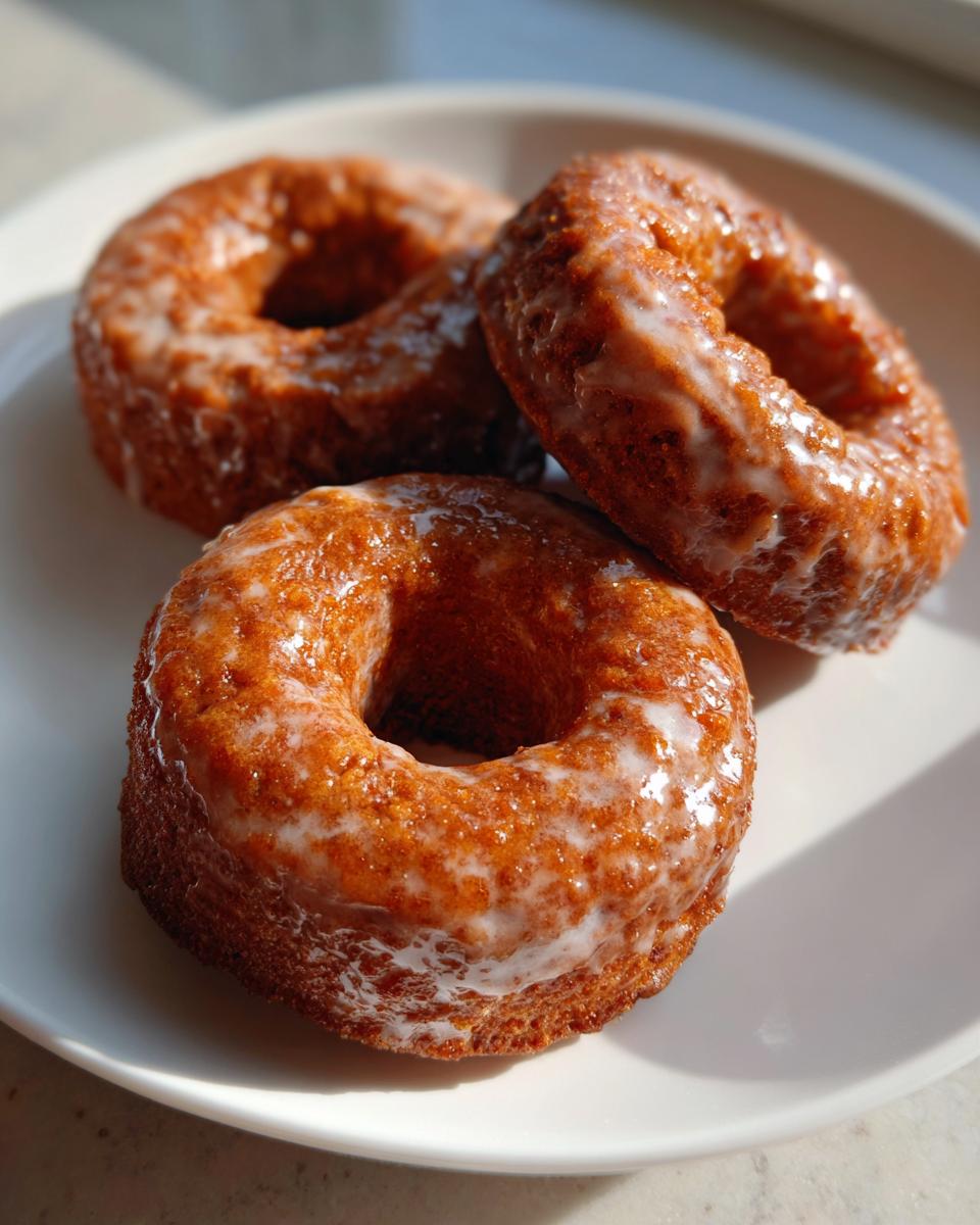 Three maple glazed pumpkin spice donuts arranged on a white plate, showcasing their glaze and texture.