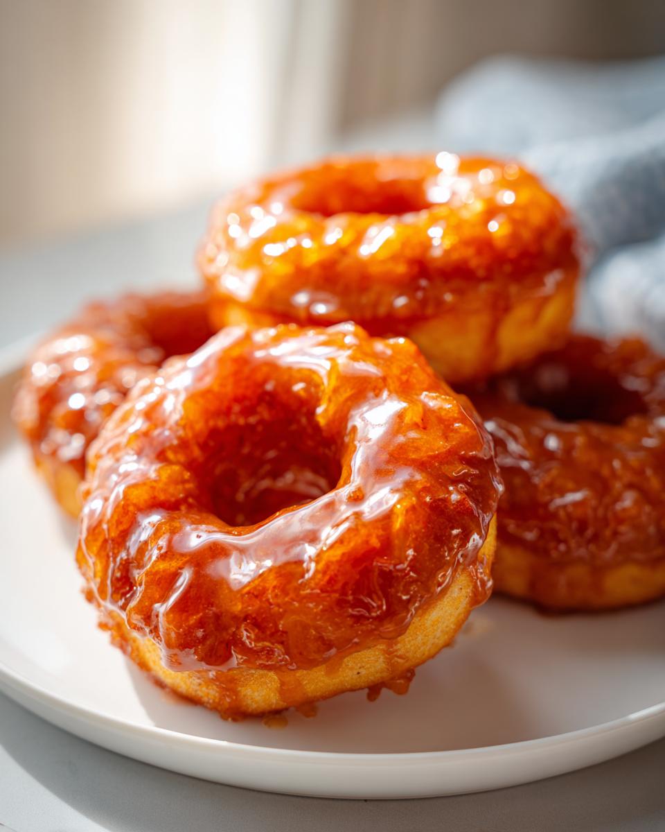 Close-up of maple glazed pumpkin spice donuts stacked on a white plate, showing the glossy glaze.