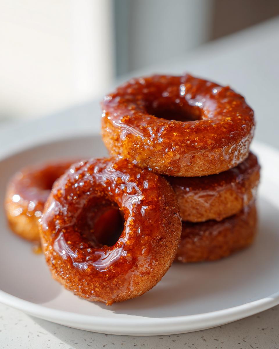 Stack of delicious Maple Glazed Pumpkin Spice Donuts with shiny maple glaze on a white plate.