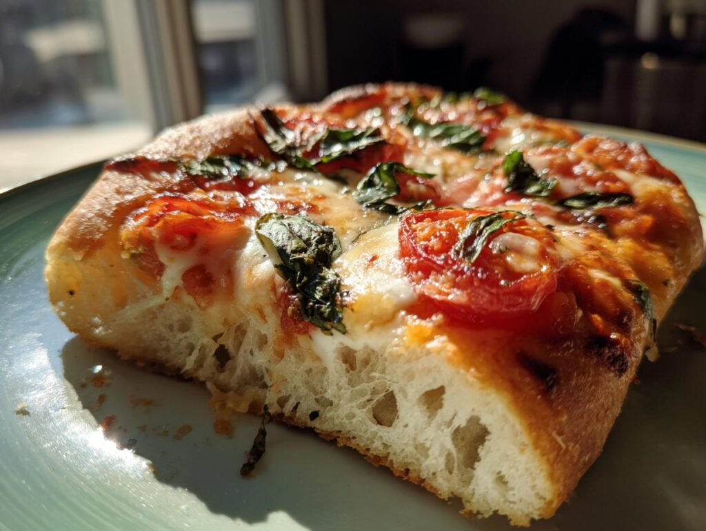 A delicious slice of Margherita Flatbread Pizza, featuring melted mozzarella, cherry tomatoes, and fresh basil on a golden crust.