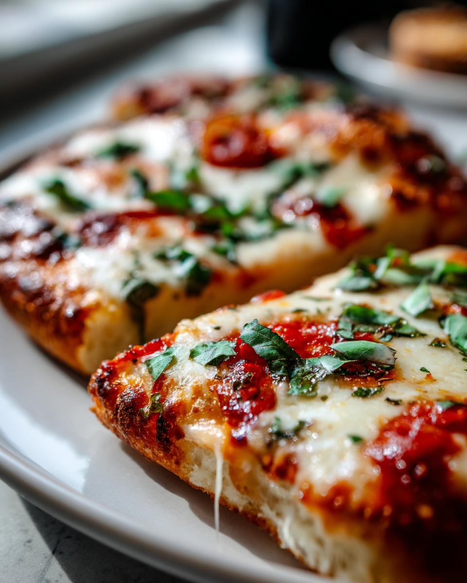 Close-up of a Margherita Flatbread Pizza slice, showcasing melted mozzarella cheese, tomato sauce, and fresh basil leaves.