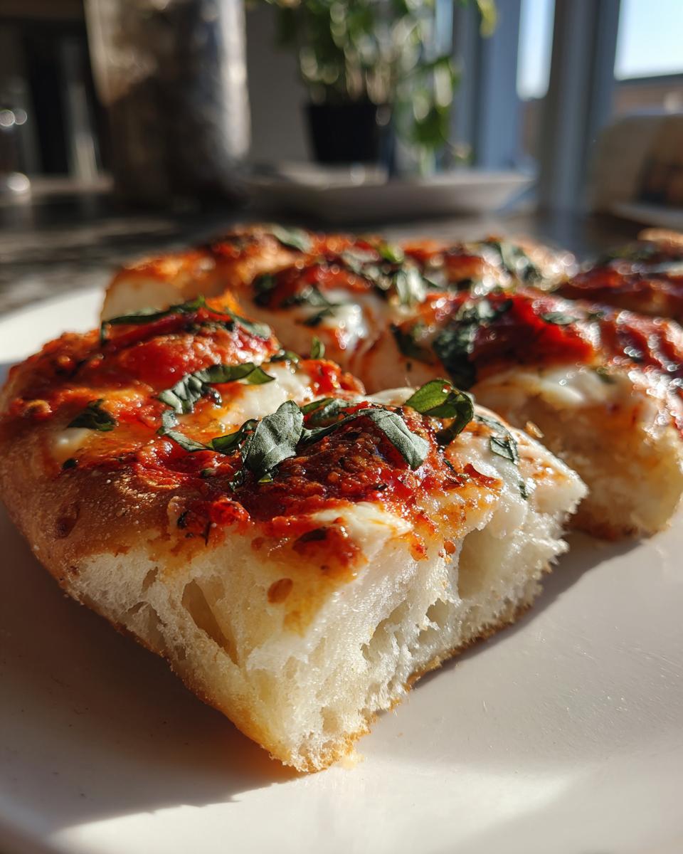 A close-up shot of a slice of Margherita Flatbread Pizza, showcasing the bubbly crust, melted mozzarella, and fresh basil.