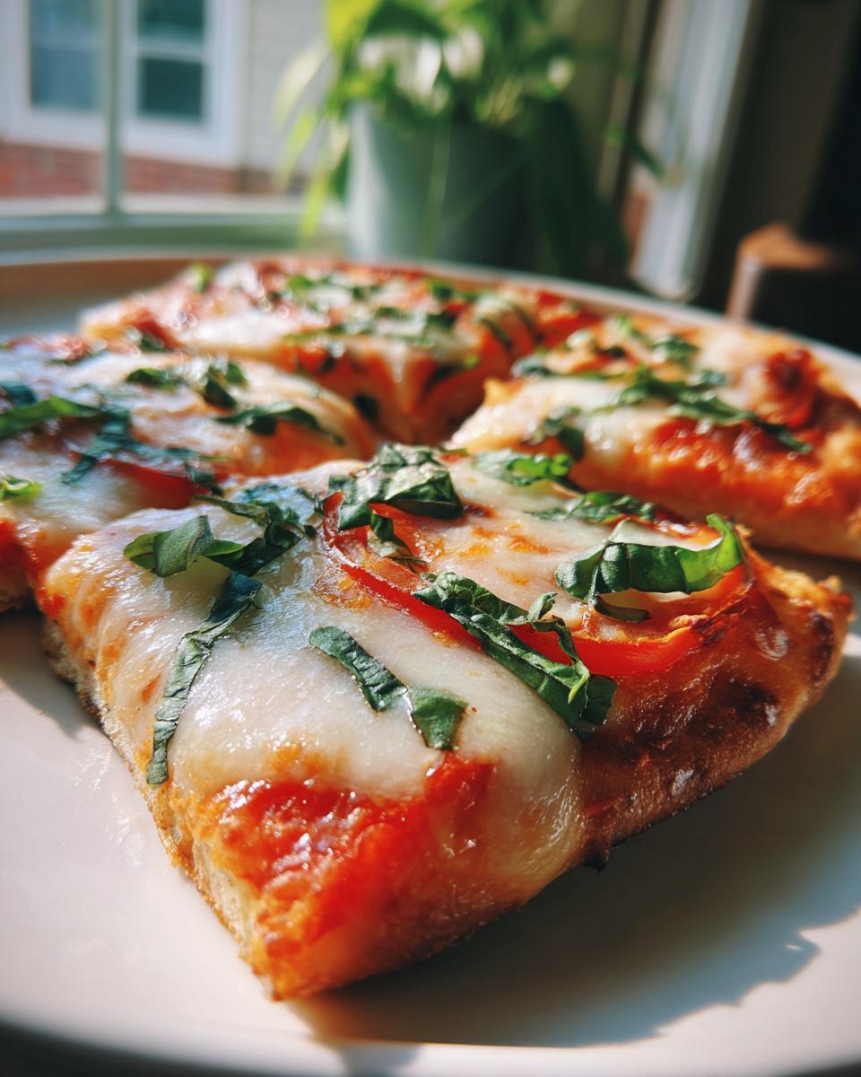 A close-up of a Margherita Flatbread Pizza slice, showcasing melted mozzarella, fresh tomato, and basil.