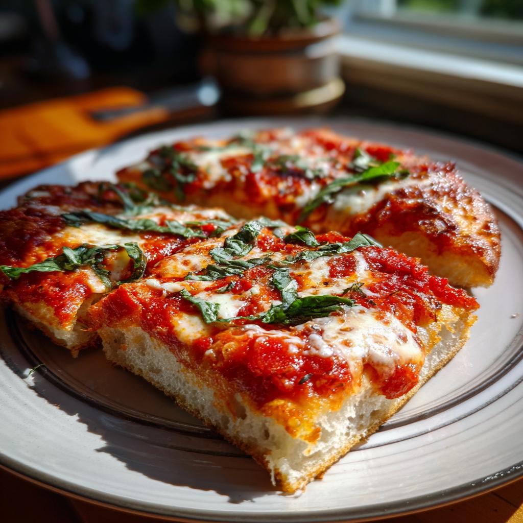 Close-up of delicious Margherita Flatbread Pizza slices topped with tomato sauce, melted mozzarella, and fresh basil.