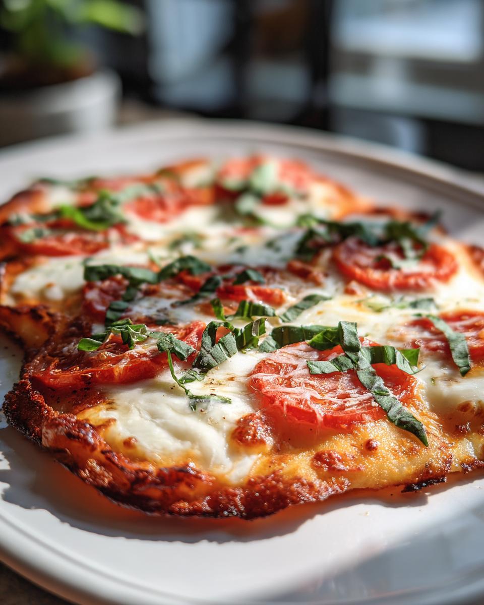 Close-up of a delicious Margherita Flatbread Pizza topped with melted mozzarella, sliced tomatoes, and fresh basil.
