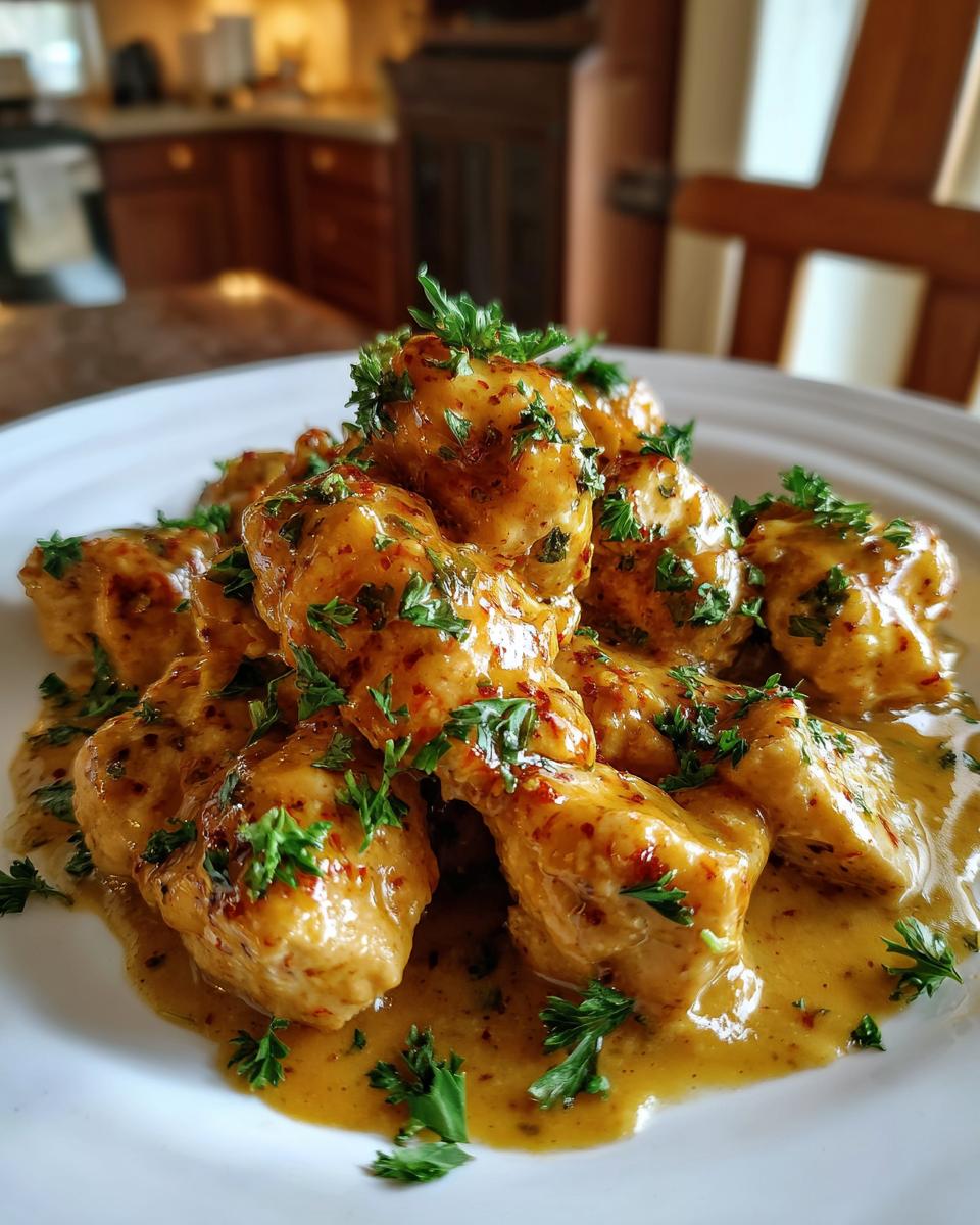 Close-up of Marry Me Chicken Breast bites coated in a creamy sauce and garnished with fresh parsley.