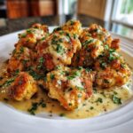 Close-up of golden-brown Marry Me Chicken Breast bites in a creamy sauce, garnished with fresh parsley.