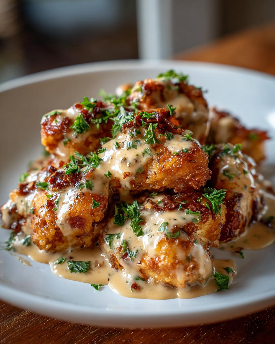 Close-up of golden-brown Marry Me Chicken Breast bites, generously drizzled with creamy sauce and topped with fresh parsley.