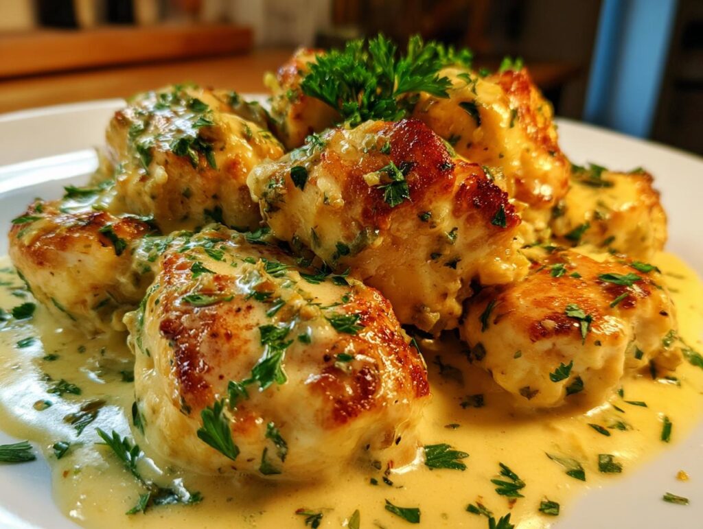Close-up of pan-seared Marry Me Chicken Breast pieces in a creamy sauce, garnished with fresh parsley.