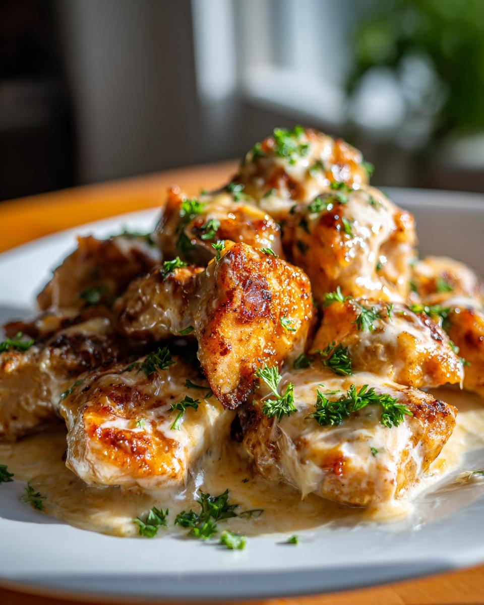 Close-up of Marry Me Chicken Breast pieces coated in a creamy sauce and garnished with fresh parsley.