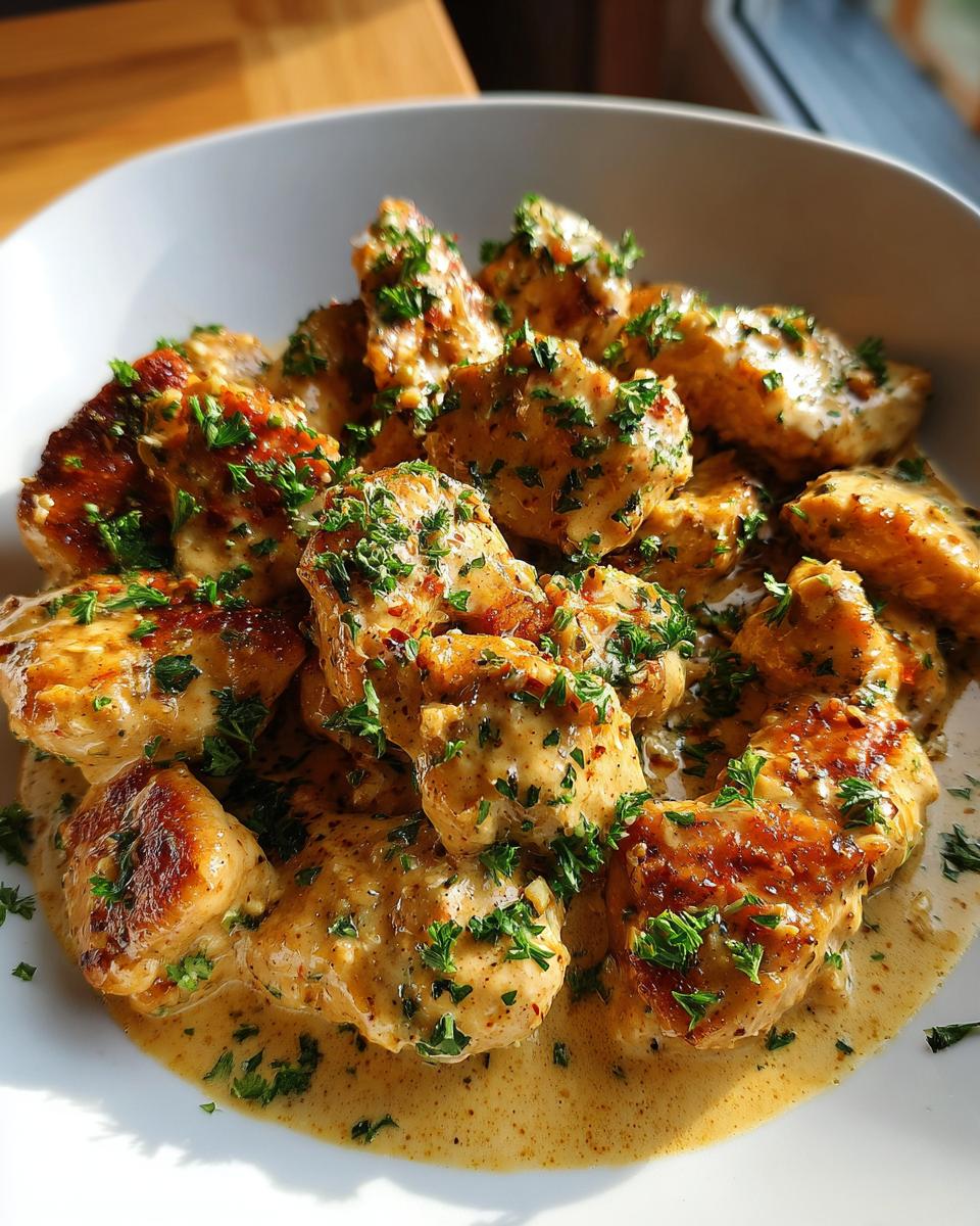 A close-up of a bowl filled with succulent Marry Me Chicken Breast pieces coated in a creamy sauce and sprinkled with fresh parsley.