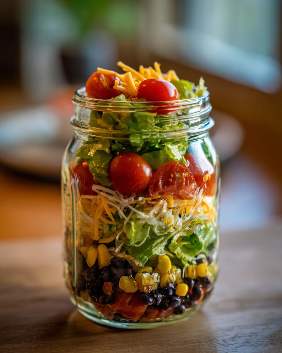 A vibrant Mason Jar Taco Salad with layers of black beans, corn, lettuce, tomatoes, and cheese.