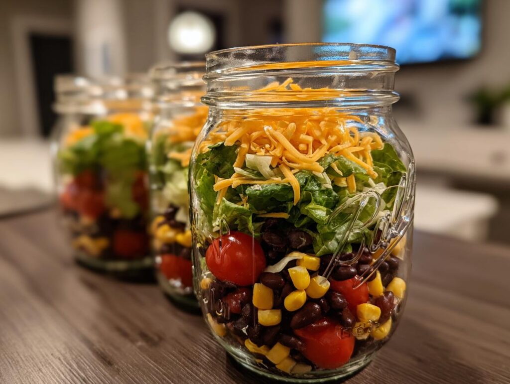 Three layered Mason Jar Taco Salads filled with black beans, corn, tomatoes, lettuce, and shredded cheese.