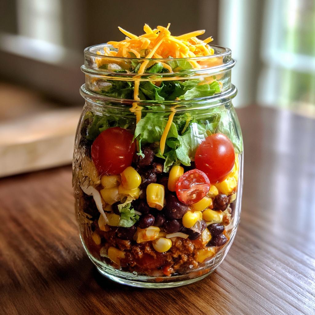 A colorful Mason Jar Taco Salad with layers of ground meat, black beans, corn, lettuce, tomatoes, and shredded cheese.