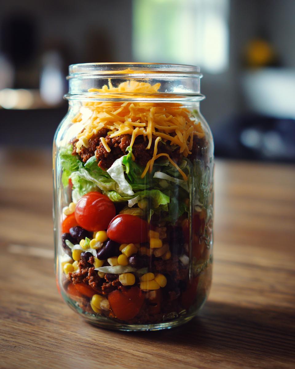A layered Mason Jar Taco Salad with ground beef, lettuce, tomatoes, corn, black beans, and shredded cheese on top.