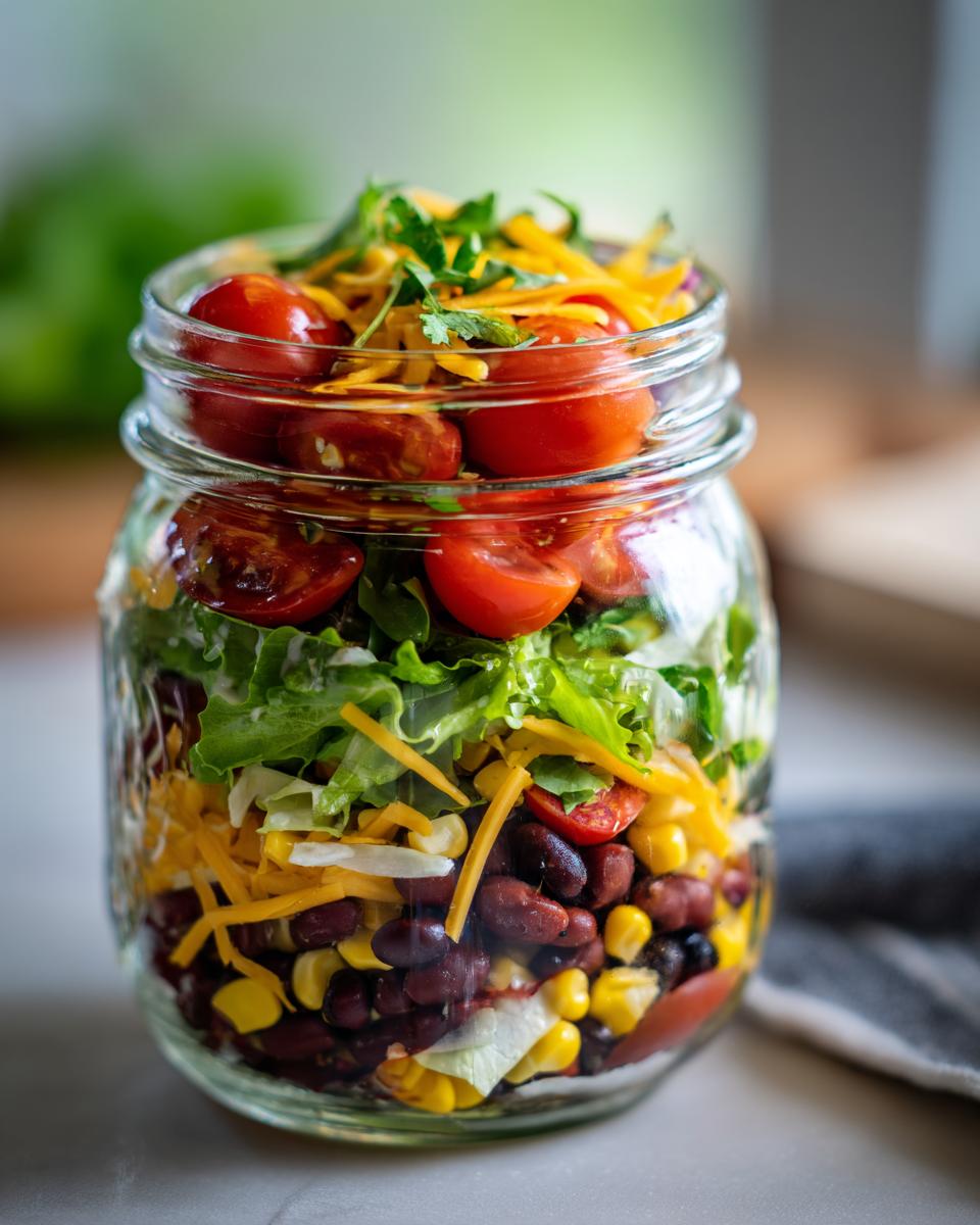 A vibrant Mason Jar Taco Salad packed with layers of beans, corn, lettuce, tomatoes, and cheese.