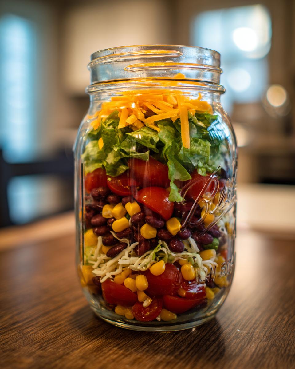Colorful Mason Jar Taco Salad with layers of lettuce, tomatoes, beans, corn, and cheese.