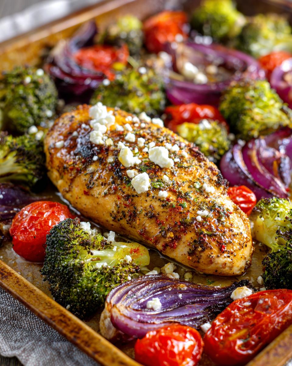 Baked chicken breast with feta, broccoli, red onion, and tomatoes. Easy Mediterranean Recipes for Weight Loss.
