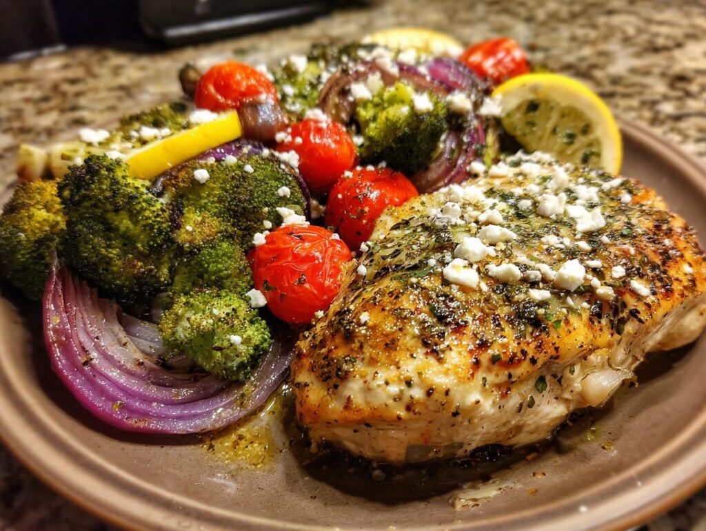 Roasted chicken breast with feta, broccoli, tomatoes, and red onion. One of the Easy Mediterranean Recipes for Weight Loss.
