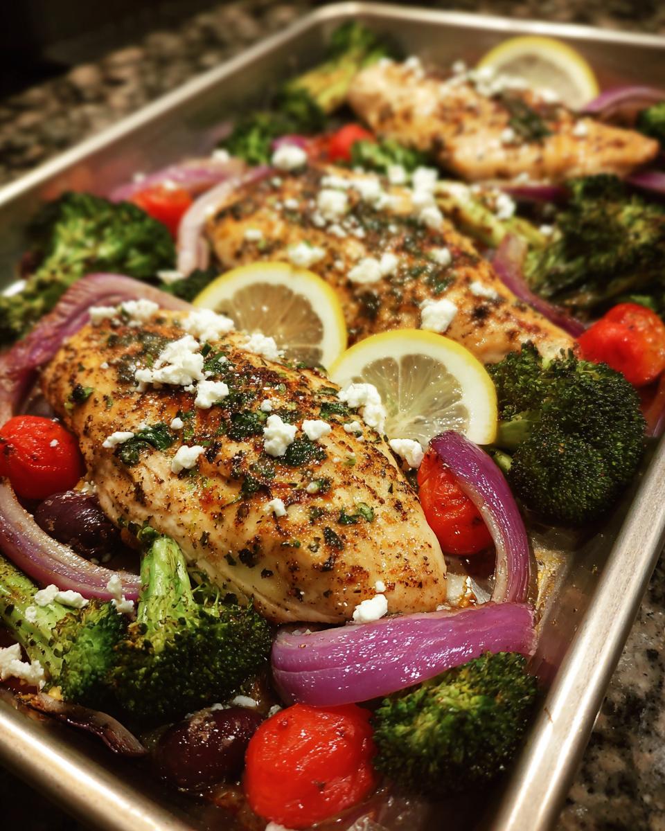 Sheet pan of Mediterranean chicken with broccoli, tomatoes, red onion and feta. Easy Mediterranean Recipes for Weight Loss.