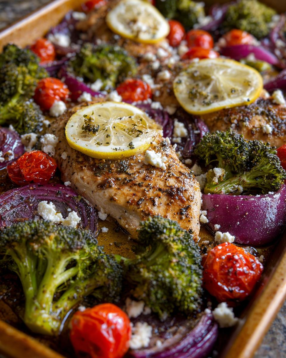 Sheet pan Mediterranean chicken recipe with broccoli, tomatoes, red onion, feta, and lemon. Easy Mediterranean Recipes for Weight Loss.