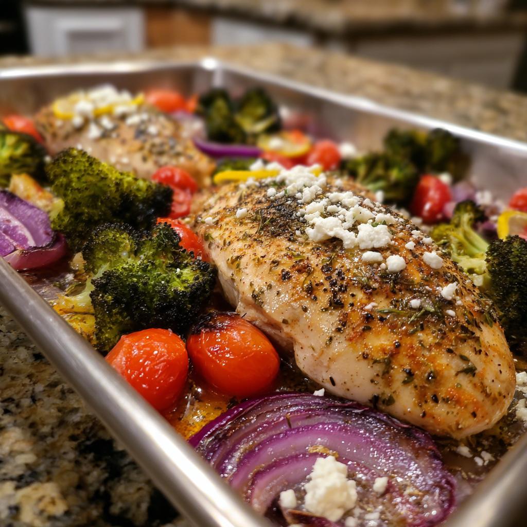 Baked chicken breast with broccoli, tomatoes, and red onion. Easy Mediterranean Recipes for Weight Loss.
