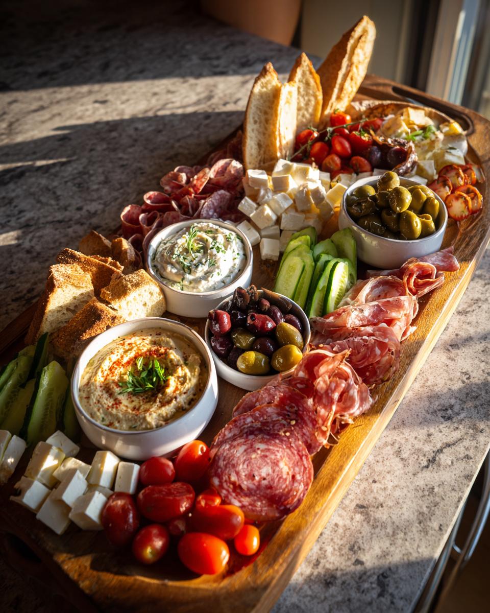 A vibrant Mediterranean Mezze Board featuring hummus, olives, cured meats, cheese, and bread.