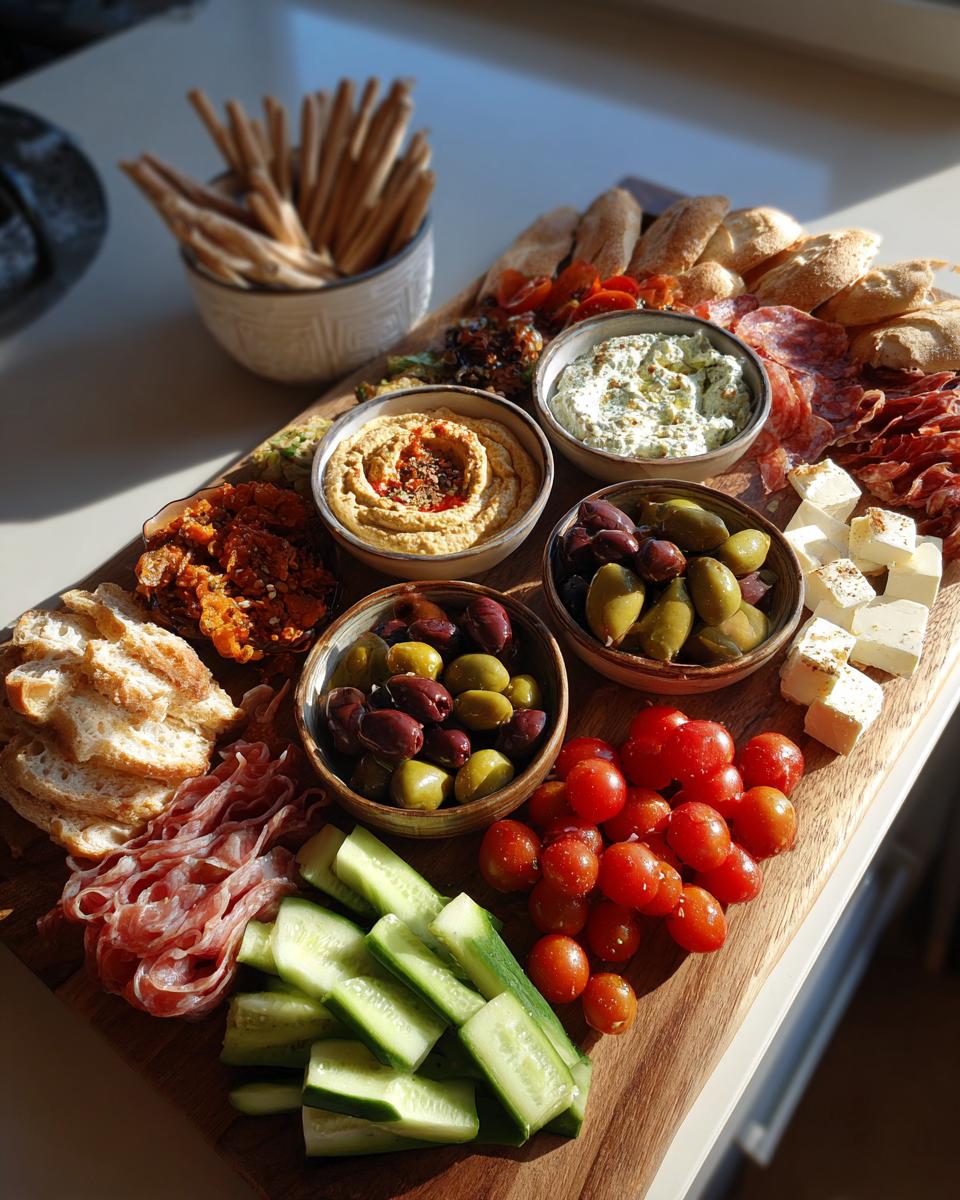 A vibrant Mediterranean Mezze Board overflowing with hummus, olives, cherry tomatoes, cucumber, bread, and cured meats.