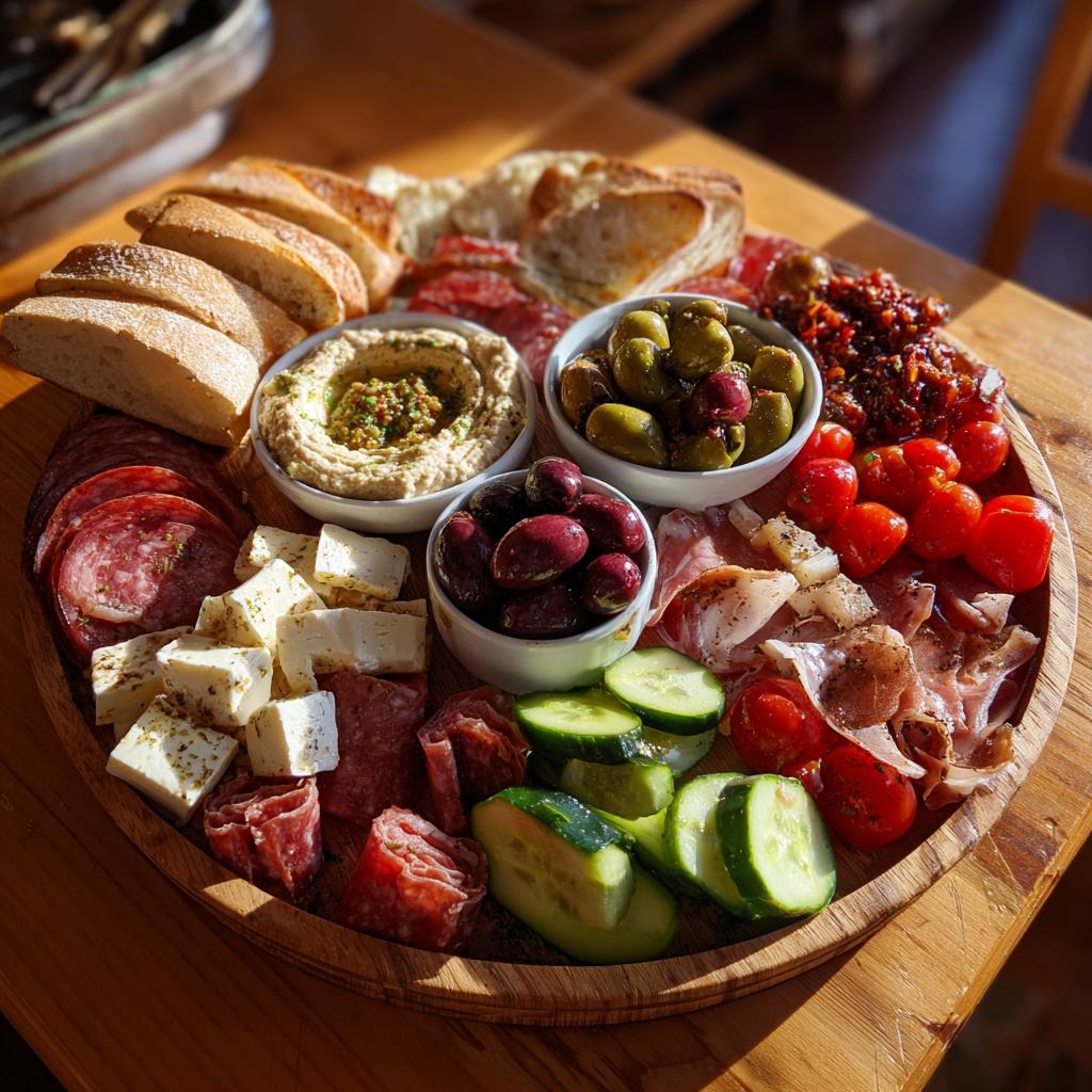 A vibrant Mediterranean Mezze Board featuring hummus, olives, cured meats, cheese, cherry tomatoes, and sliced bread.