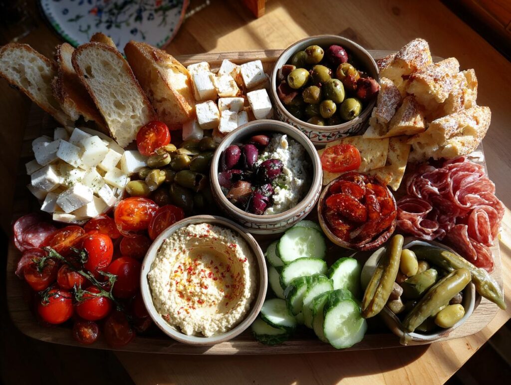 A vibrant Mediterranean Mezze Board featuring hummus, olives, cheese, cherry tomatoes, cucumbers, and bread.