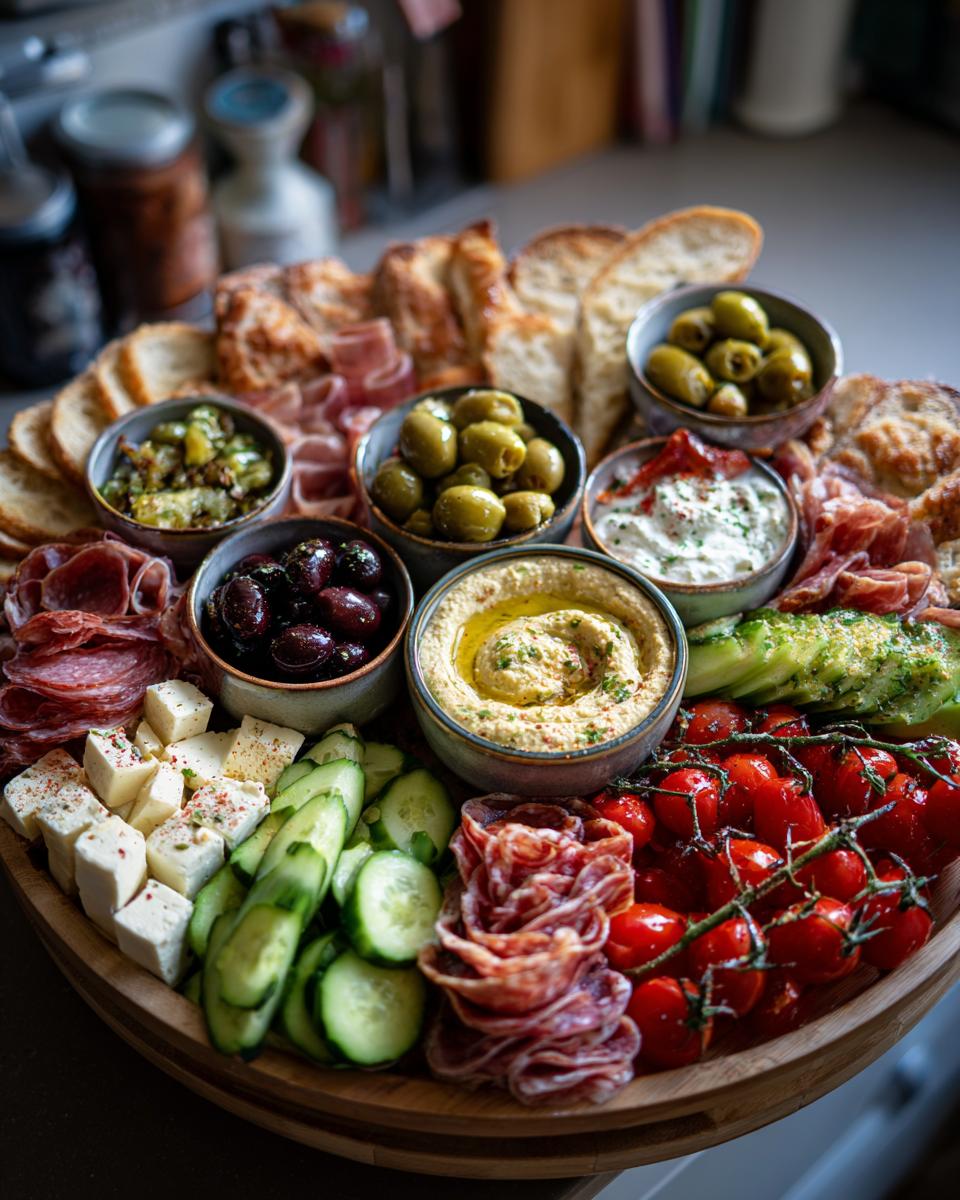 A vibrant Mediterranean Mezze Board featuring hummus, olives, feta, cucumber, tomatoes, and charcuterie.