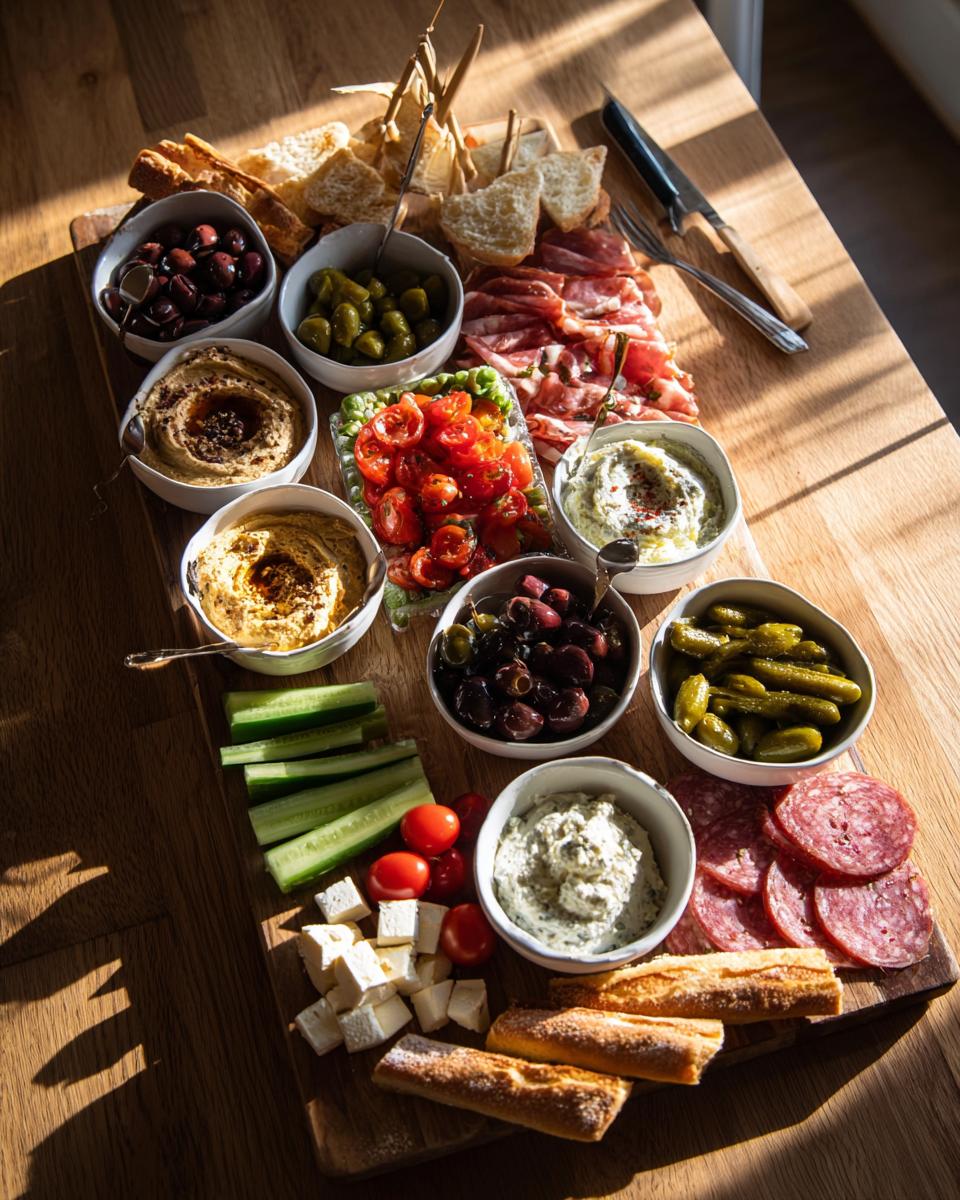 A vibrant Mediterranean Mezze Board filled with hummus, olives, feta, cucumber, cherry tomatoes, and charcuterie.